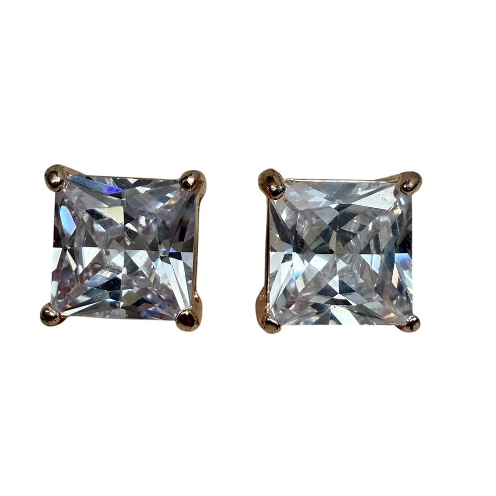 Gold Plated Square Princess Cut Stud Earrings Rhinestone Fashion Jewelry